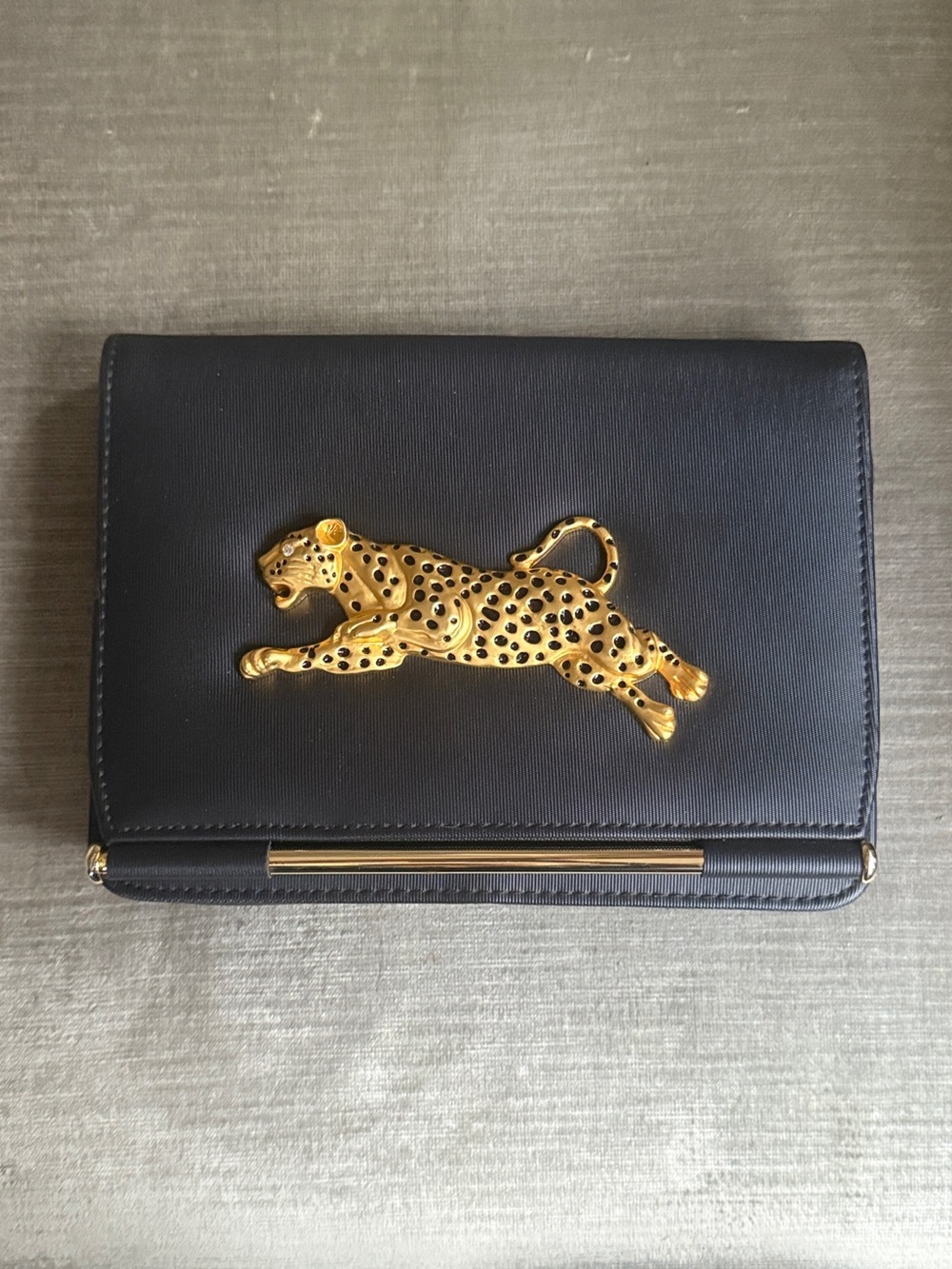 VTG Nima Black Crossbody Bag Gold Leopard Clutch Evening Purse 80s Retro Glam